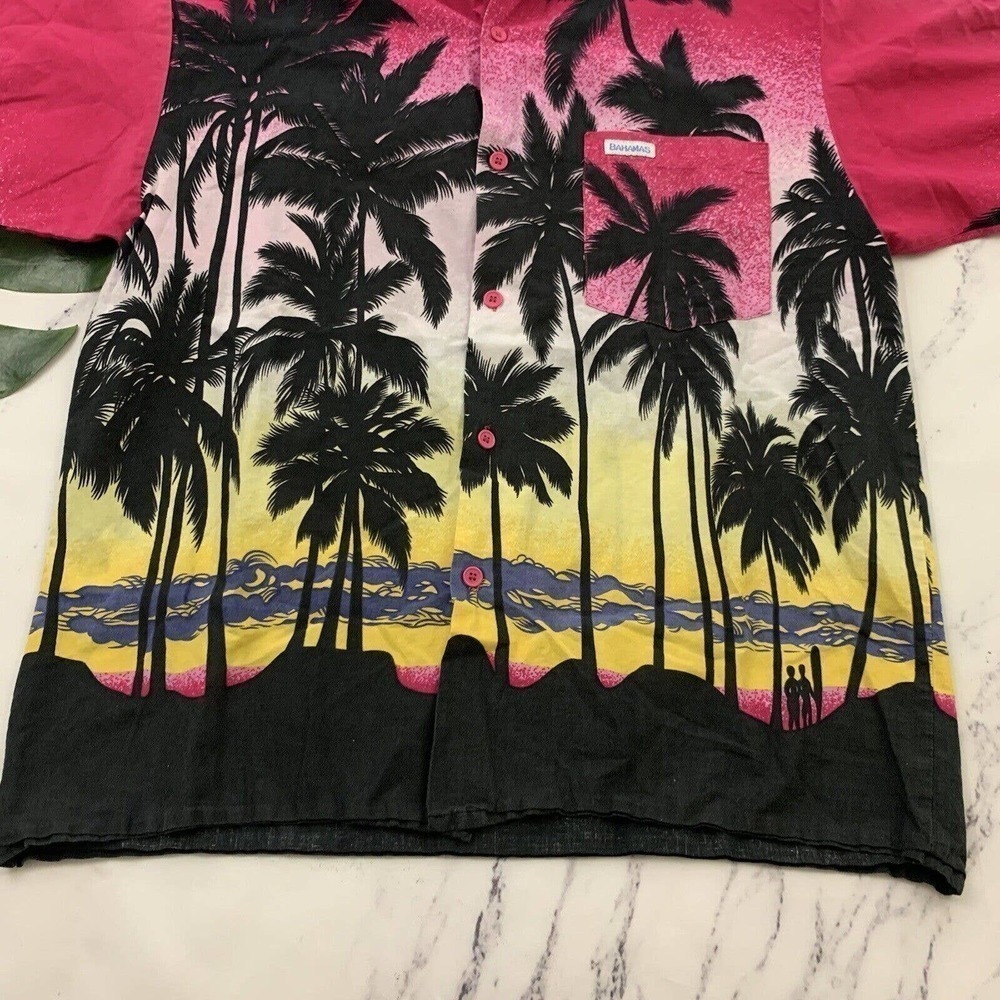 Mens Vintage Hawaiian Aloha Shirt Size M Pink Black Palms Bahamas Tropical Tiki - Picture 5 of 11